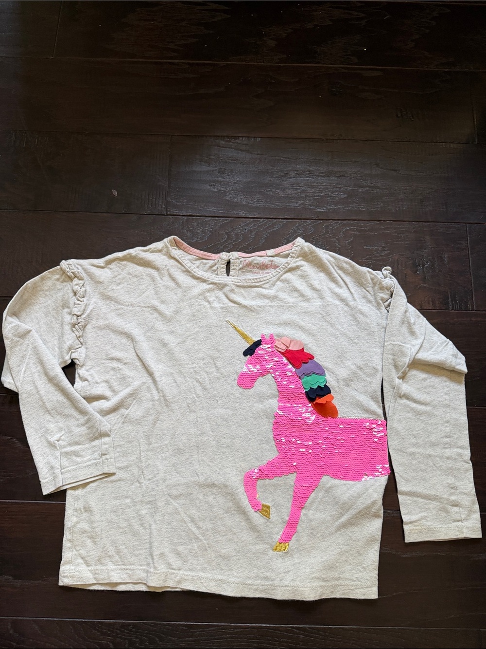 Mini Boden Cream Long-Sleeve Top with Pink Sequin Unicorn